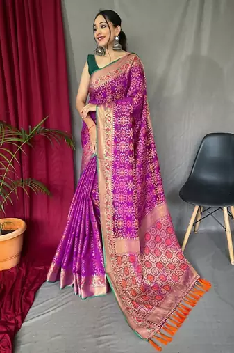 purple ethnic motif silk blend patola zari saree with tassel