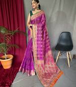 purple ethnic motif silk blend patola zari saree with tassel