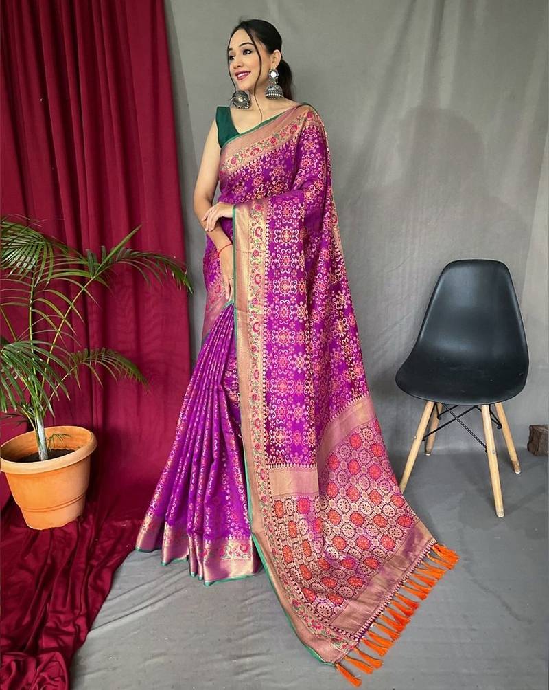 purple ethnic motif silk blend patola zari saree with tassel