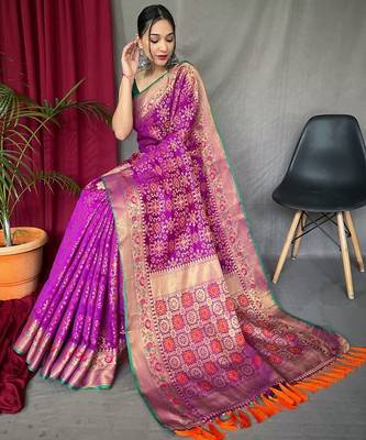 purple ethnic motif silk blend patola zari saree with tassel 2
