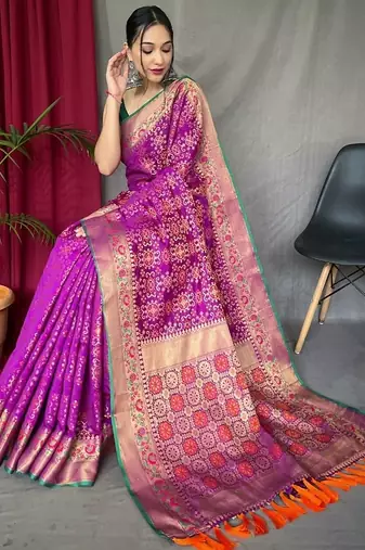 purple ethnic motif silk blend patola zari saree with tassel