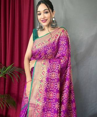 purple ethnic motif silk blend patola zari saree with tassel 3