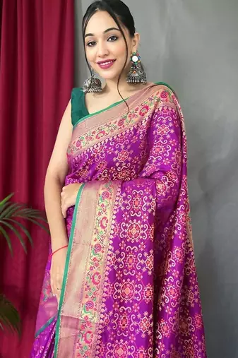 purple ethnic motif silk blend patola zari saree with tassel