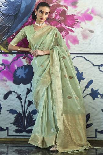 green green & gold-toned ethnic motifs zari banarasi saree
