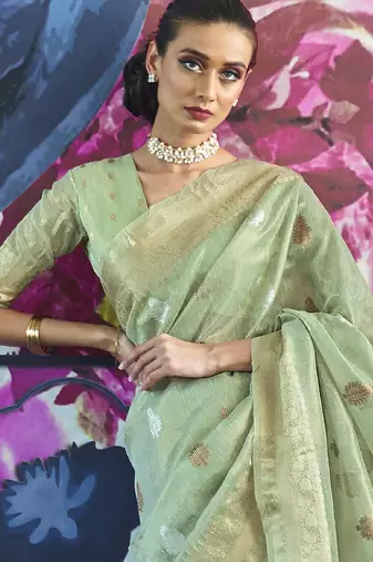 green green & gold-toned ethnic motifs zari banarasi saree
