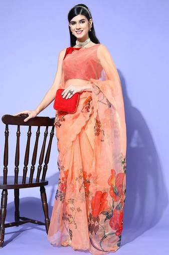 peach floral saree with embellished border