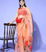peach floral saree with embellished border