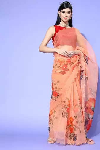 peach floral saree with embellished border