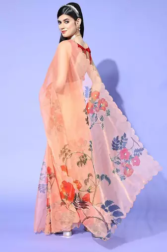 peach floral saree with embellished border