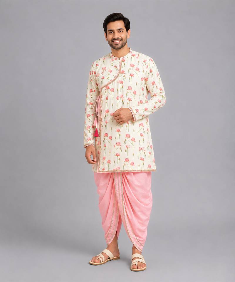 off white printed cotton silk dhoti kurta set men