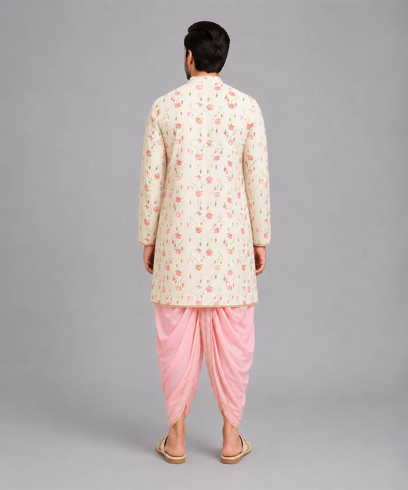 off white printed cotton silk dhoti kurta set men