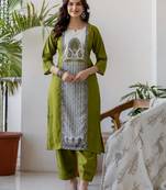 Green silk blend printed kurta set