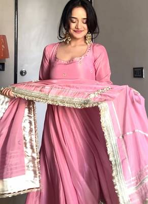 Baby pink embroidered anarkali kurta set with pant and dupatta for women 2