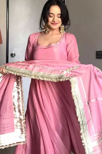 Baby pink embroidered anarkali kurta set with pant and dupatta for women