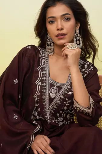 Coffee silk blend embroidered kurta set