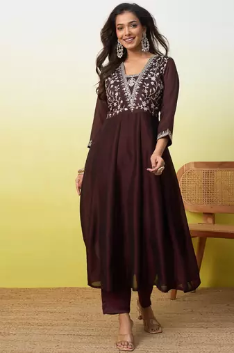 Coffee silk blend embroidered kurta set