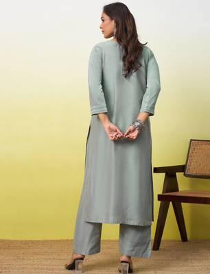 Grey cotton poly embroidered kurta set 2