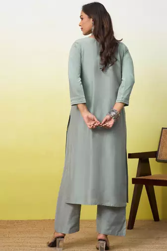 Grey cotton poly embroidered kurta set