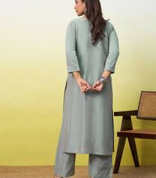 Grey cotton poly embroidered kurta set