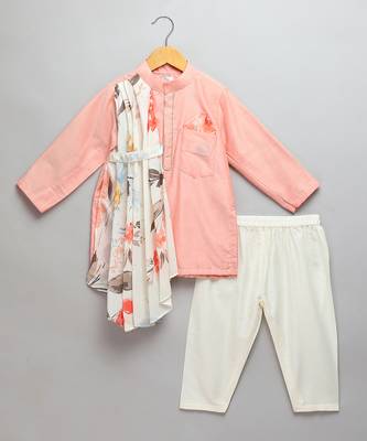 Peach printed cotton silk kurta set 1