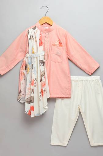 Peach printed cotton silk kurta set