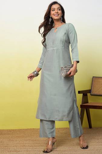 Grey cotton poly embroidered kurta set