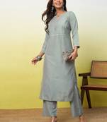 Grey cotton poly embroidered kurta set