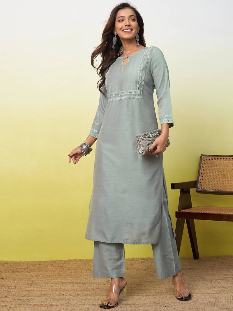 Grey cotton poly embroidered kurta set
