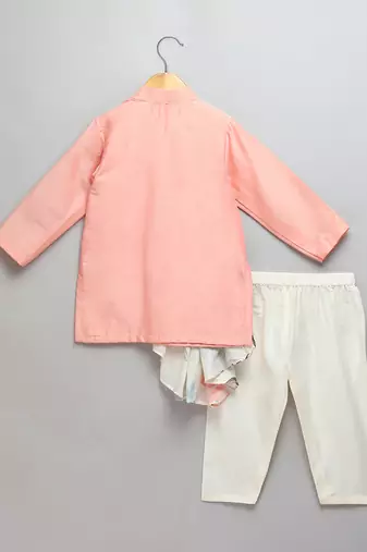 Peach printed cotton silk kurta set