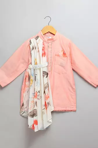 Peach printed cotton silk kurta set