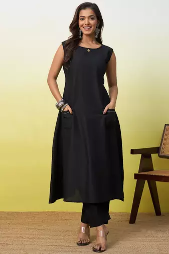Black cotton poly  kurta set