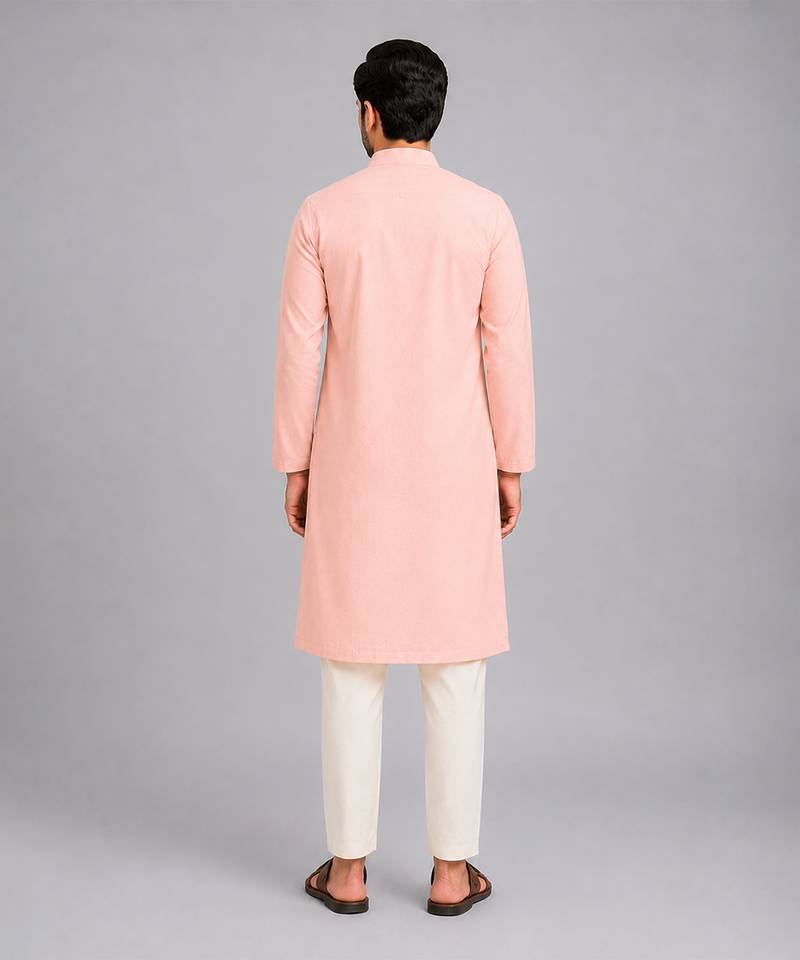 Peach printed cotton silk kurta set