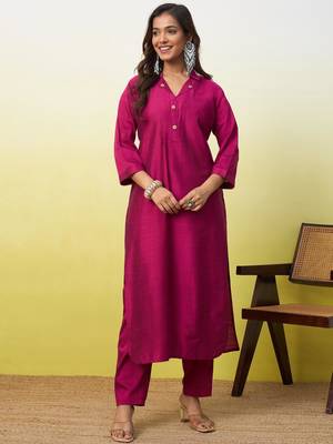 Rani-pink cotton poly printed kurta set 1