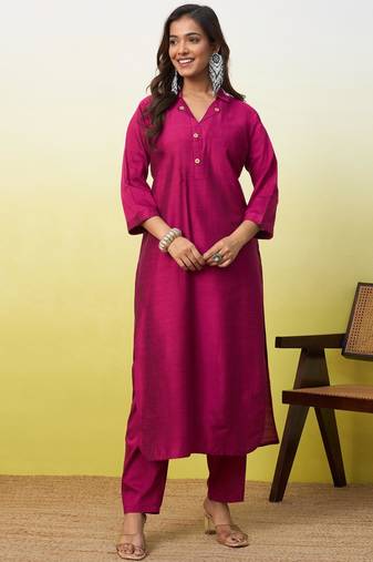 Rani-pink cotton poly printed kurta set