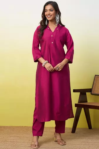 Rani-pink cotton poly printed kurta set