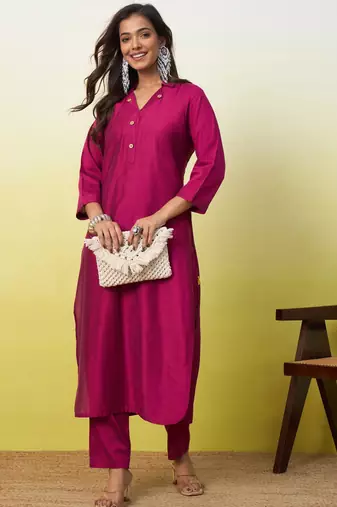 Rani-pink cotton poly printed kurta set
