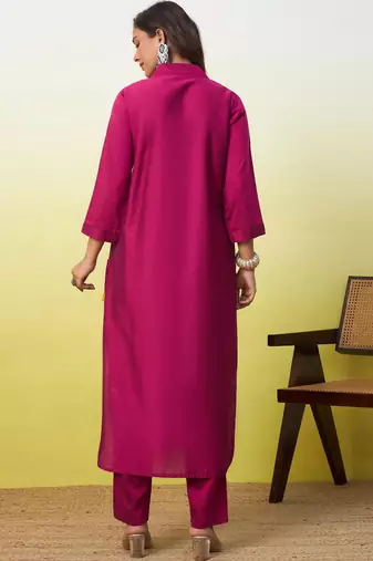 Rani-pink cotton poly printed kurta set