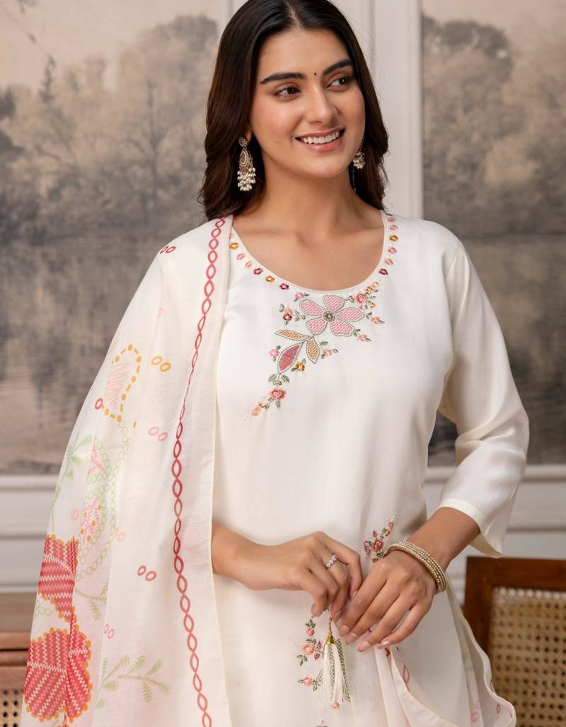 White silk blend embroidered kurta set