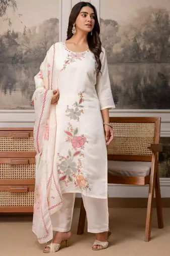 White silk blend embroidered kurta set