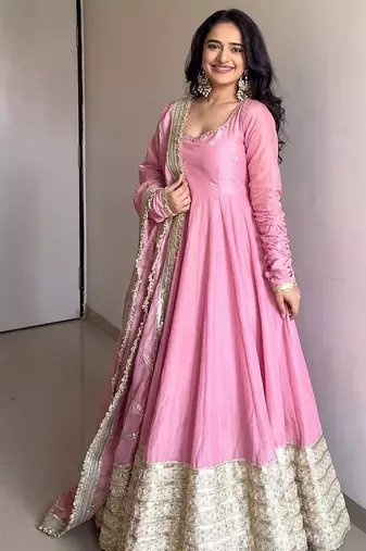 Baby pink embroidered anarkali kurta set with pant and dupatta for women
