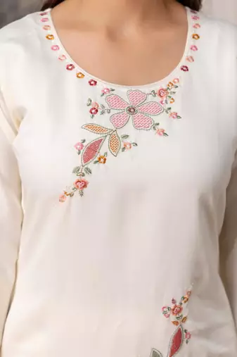 White silk blend embroidered kurta set