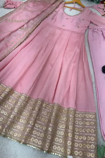 Baby pink embroidered anarkali kurta set with pant and dupatta for women