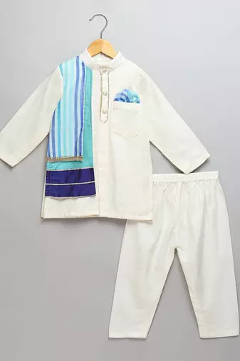 Ivory blue stripes cotton silk Men Kurta Set