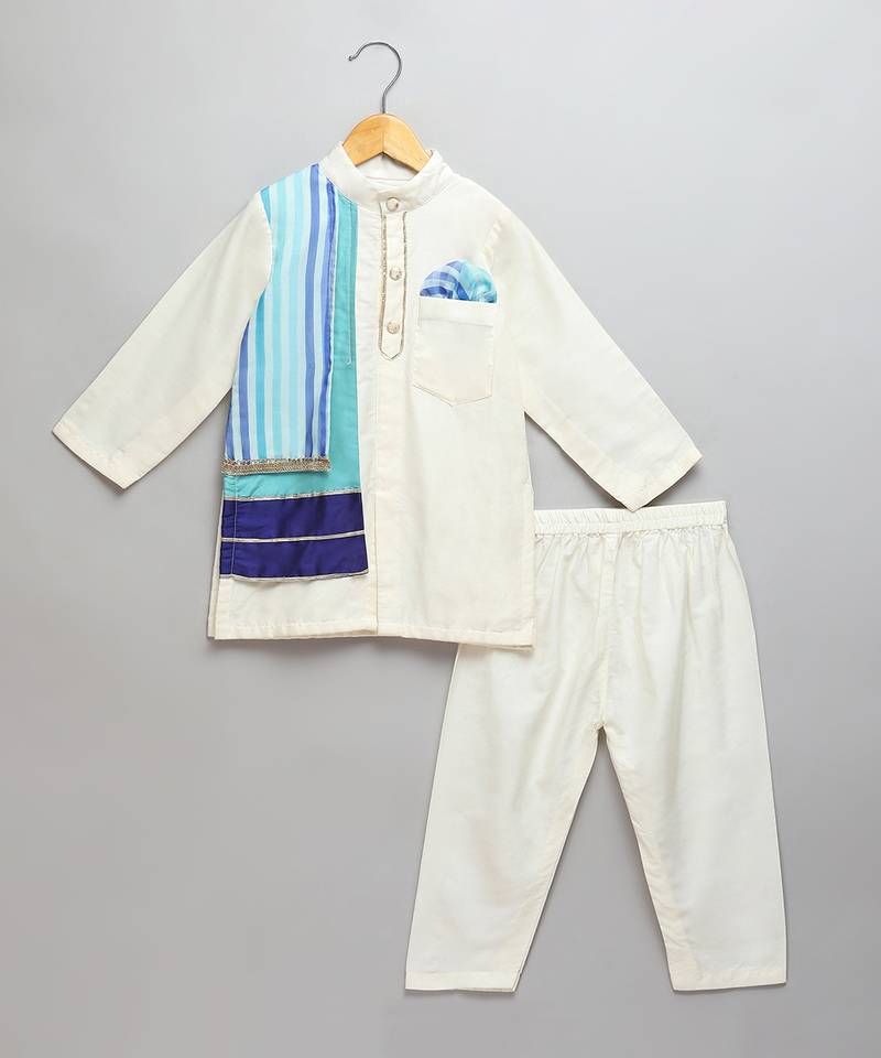 Ivory blue stripes cotton silk Men Kurta Set