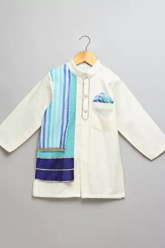 Ivory blue stripes cotton silk Men Kurta Set