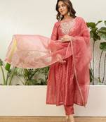 Peach chanderi embroidered kurta set
