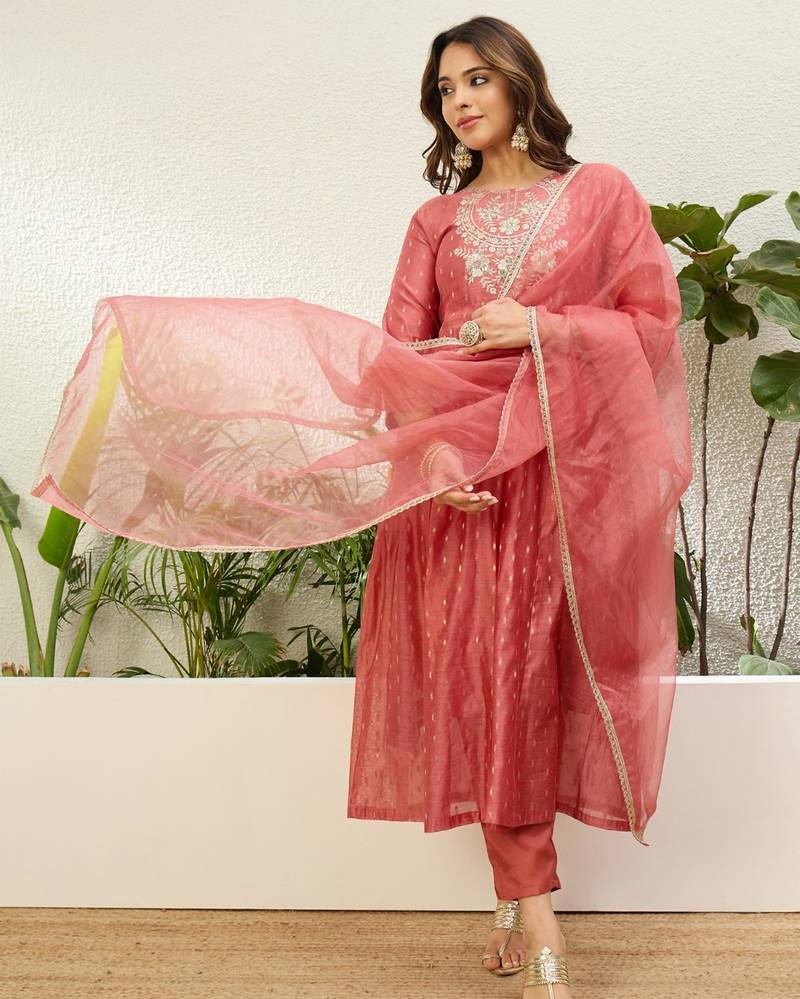 Peach chanderi embroidered kurta set