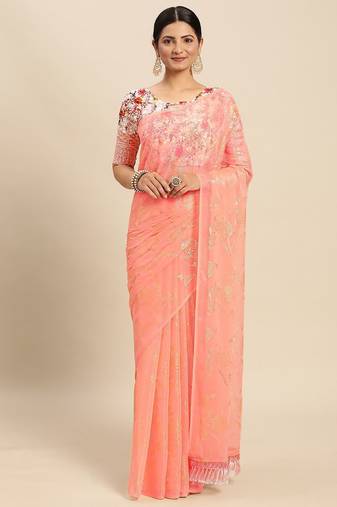 peach peach-coloured floral zari pure chiffon saree