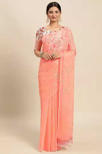peach peach-coloured floral zari pure chiffon saree