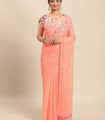 peach peach-coloured floral zari pure chiffon saree